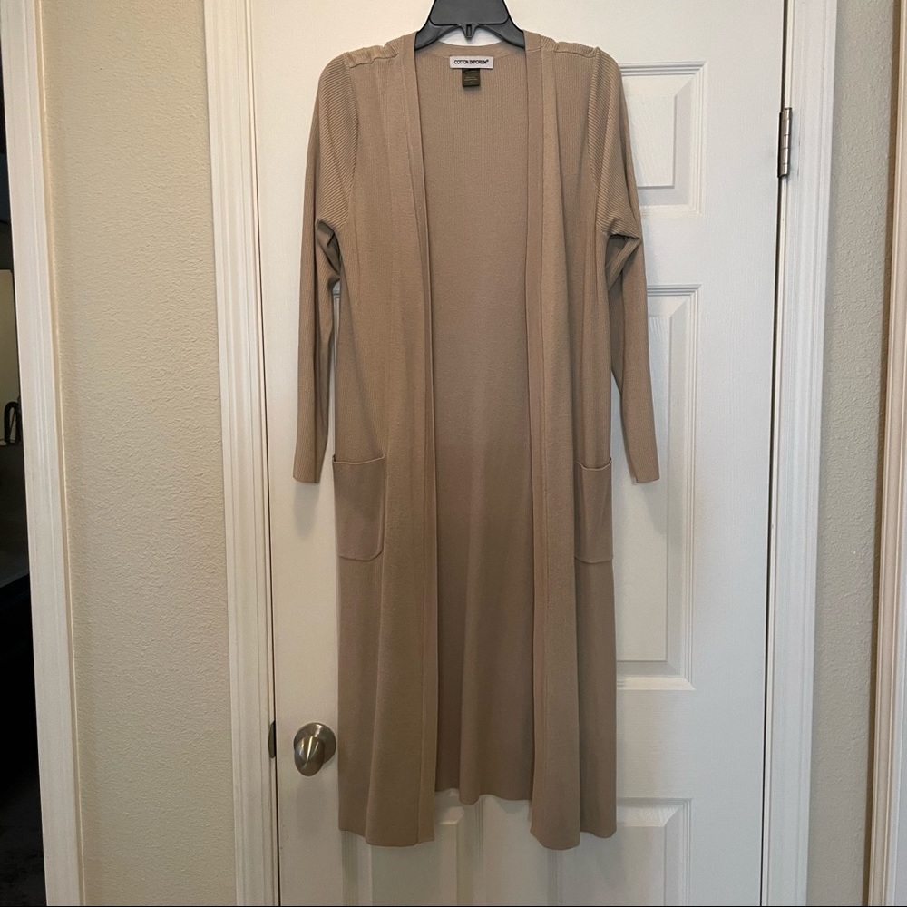 Long camel colored cardigan.